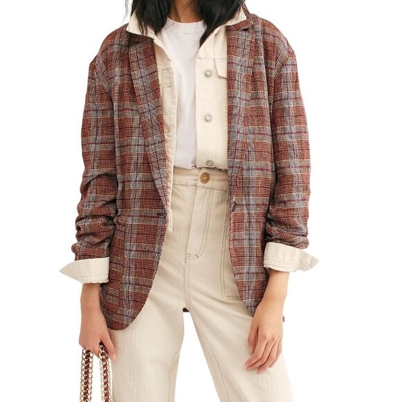 Free People Simply Plaid Relaxed Unstructured Linen Blazer Plaid Pockets Size M - Picture 7 of 12